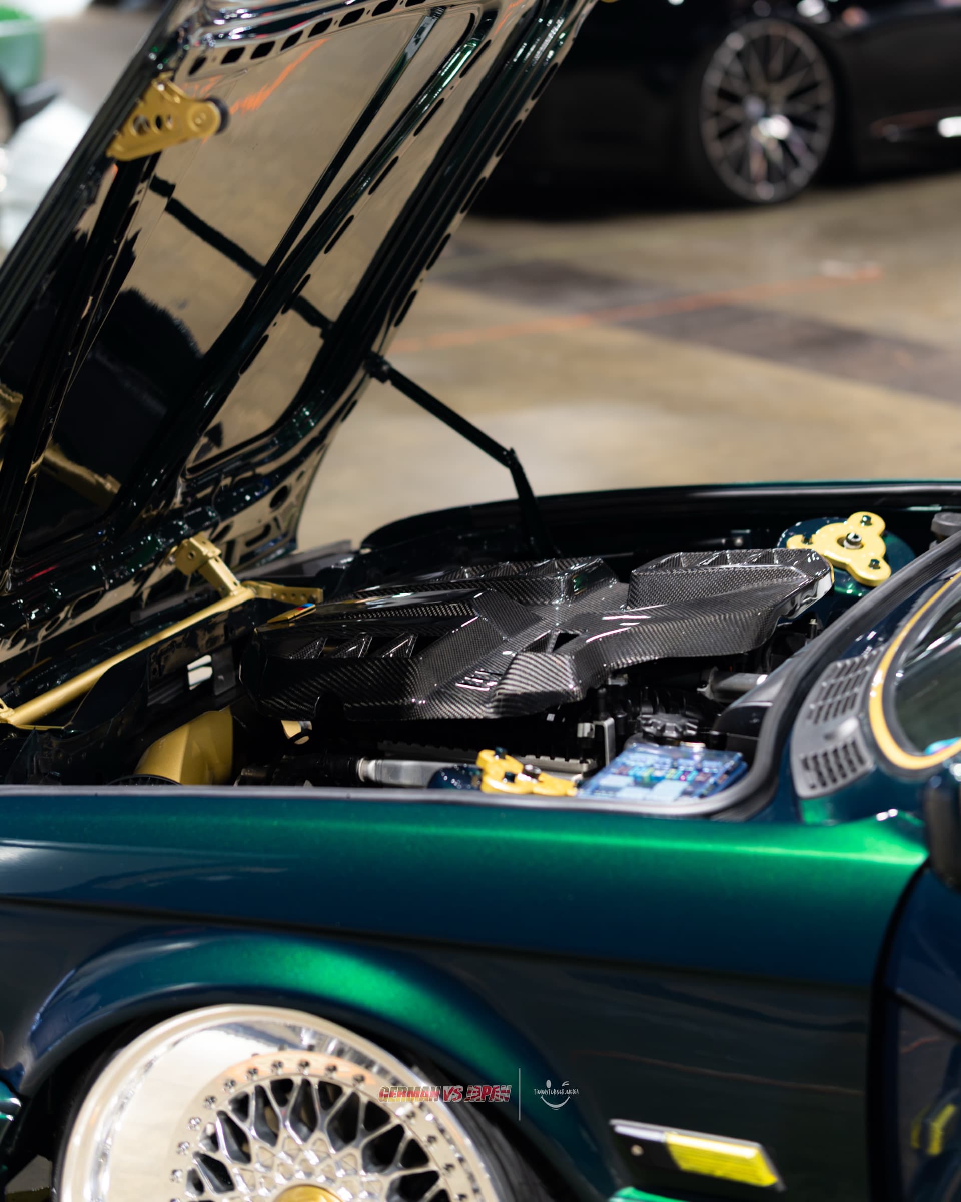 The S58 from a G80 M3 in the bay, under carbon-fibre covers